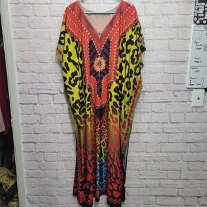 Satiny Bold Leopard Print Kaftan Maxi Dress OS Drape Muumuu Lounge Hippie Resort